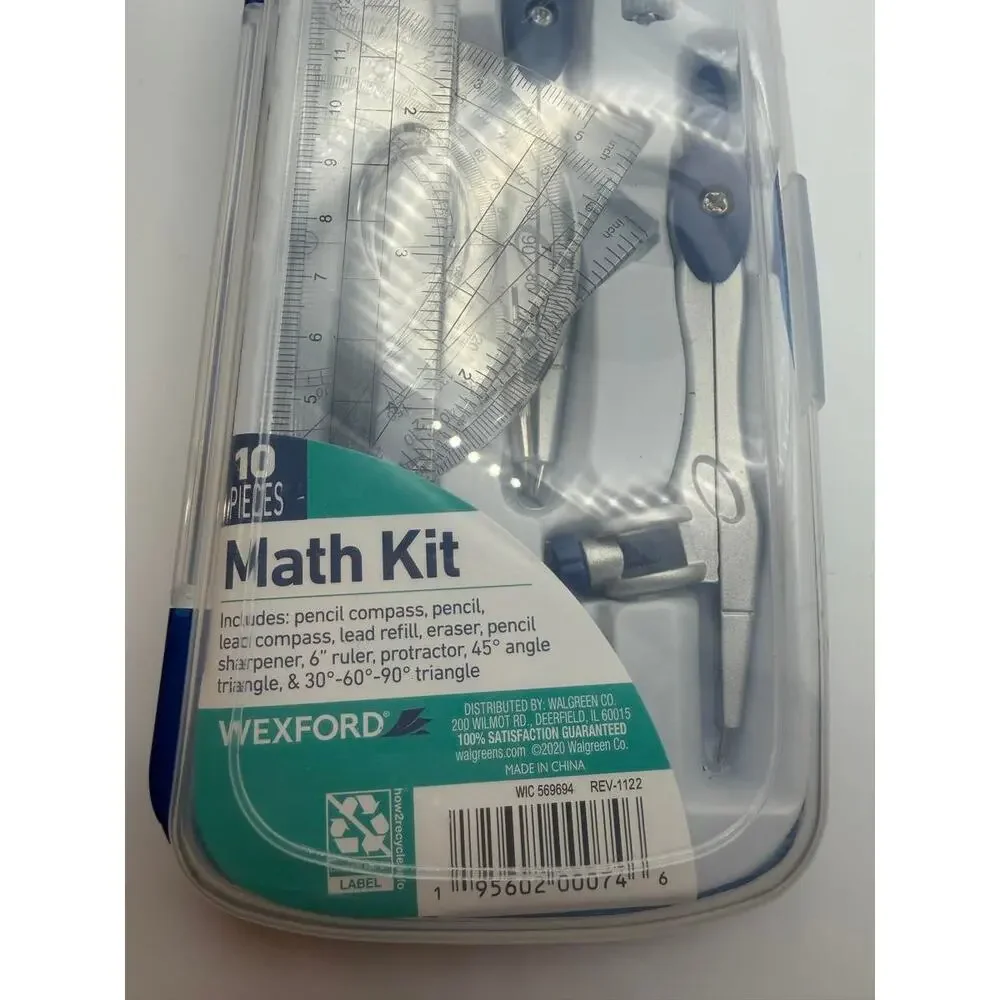 10 Piece Math Kit Educational Math Set with Case/Compass/Protractor
